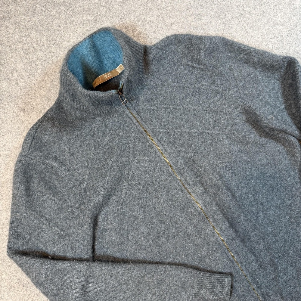 Raffi Sweater Mens Large Gray Full Zip Mock Neck 100% Cashmere Argyle Knit